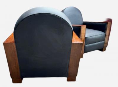 French Art Deco Style Club Chairs in Black Leather Wood Details