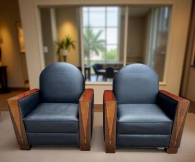 French Art Deco Style Club Chairs in Black Leather Wood Details
