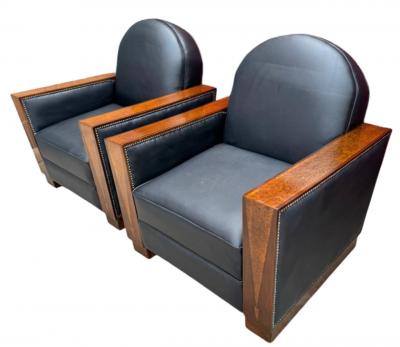 French Art Deco Style Club Chairs in Black Leather Wood Details