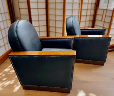 French Art Deco Style Club Chairs in Black Leather Wood Details