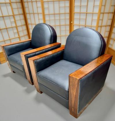 French Art Deco Style Club Chairs in Black Leather Wood Details