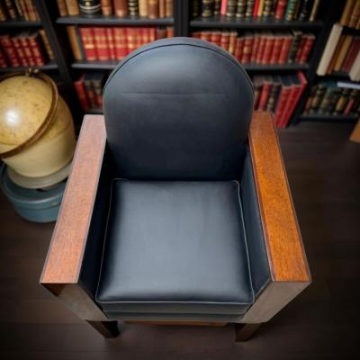 French Art Deco Style Club Chairs in Black Leather Wood Details