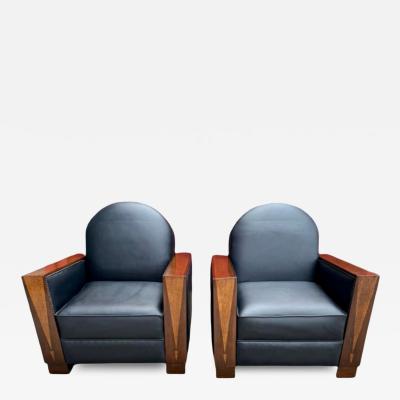 French Art Deco Style Club Chairs in Black Leather Wood Details