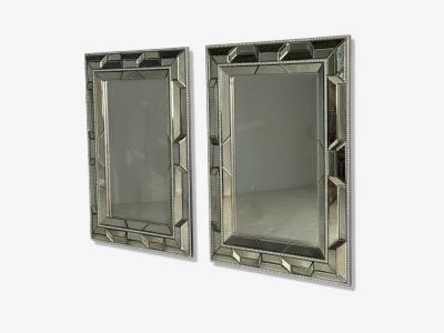 French Art Deco Style Large Wall Mirrors Antiqued Glass Silver Leaf Wood