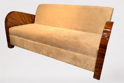 French Art Deco Style Rosewood Sofa Couch Lacquered Rosewood Velour Upholstery