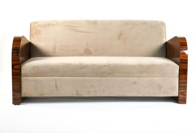 French Art Deco Style Rosewood Sofa Couch Lacquered Rosewood Velour Upholstery