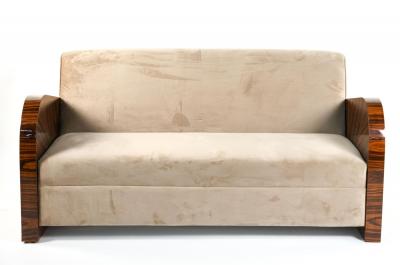 French Art Deco Style Rosewood Sofa Couch Lacquered Rosewood Velour Upholstery