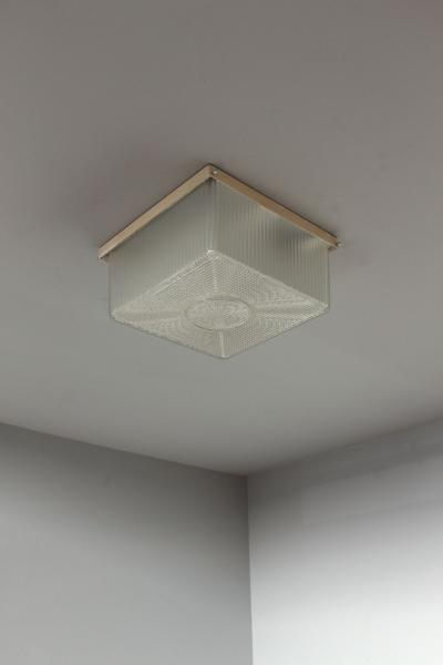 French Art Deco Textured Glass Flush Mount with a Painted Metal Frame