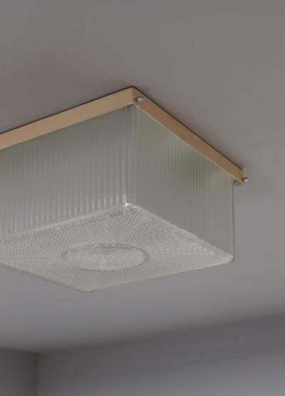 French Art Deco Textured Glass Flush Mount with a Painted Metal Frame