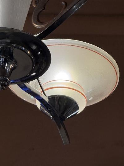 French Art Deco Three Arm Chandelier w Original Glass and Sculptural Metalwork