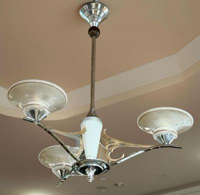 French Art Deco Three Arm Chandelier w Original Glass and Sculptural Metalwork