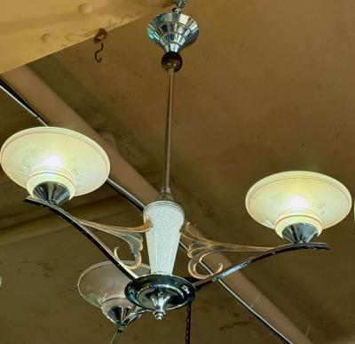 French Art Deco Three Arm Chandelier w Original Glass and Sculptural Metalwork