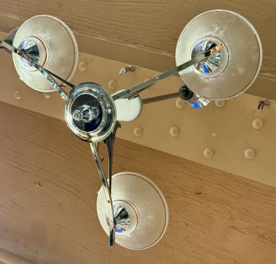 French Art Deco Three Arm Chandelier w Original Glass and Sculptural Metalwork