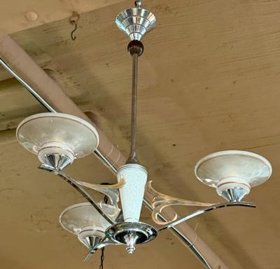 French Art Deco Three Arm Chandelier w Original Glass and Sculptural Metalwork