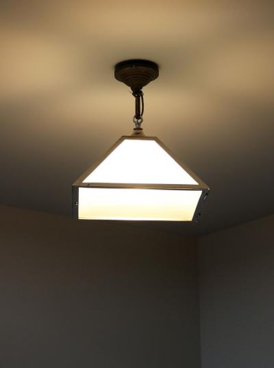 French Art Deco Trapezoidal Glass and Chrome Ceiling Fixture Lantern