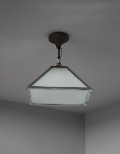 French Art Deco Trapezoidal Glass and Chrome Ceiling Fixture Lantern
