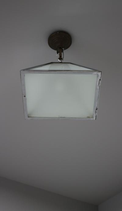French Art Deco Trapezoidal Glass and Chrome Ceiling Fixture Lantern