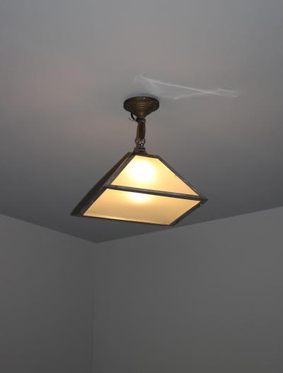 French Art Deco Trapezoidal Glass and Chrome Ceiling Fixture Lantern