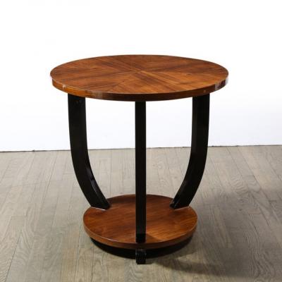 French Art Deco Two Tiered Bookmatched Walnut Black Lacquer Gueridon Table