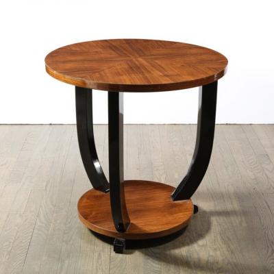 French Art Deco Two Tiered Bookmatched Walnut Black Lacquer Gueridon Table