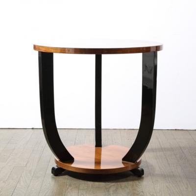 French Art Deco Two Tiered Bookmatched Walnut Black Lacquer Gueridon Table