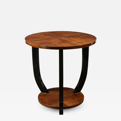 French Art Deco Two Tiered Bookmatched Walnut Black Lacquer Gueridon Table