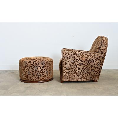 French Art Deco Upholstered Armchair and Ottoman