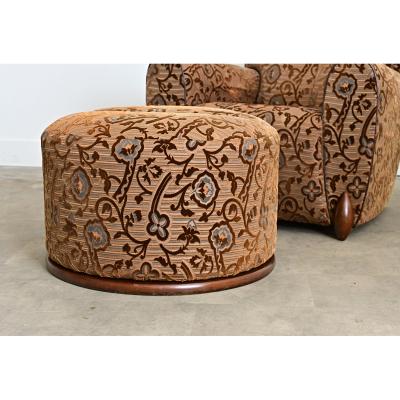 French Art Deco Upholstered Armchair and Ottoman