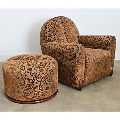 French Art Deco Upholstered Armchair and Ottoman