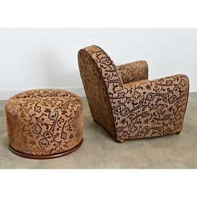 French Art Deco Upholstered Armchair and Ottoman