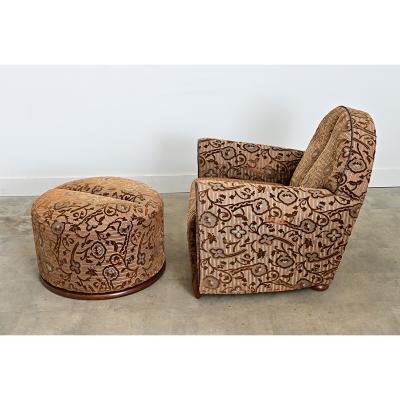 French Art Deco Upholstered Armchair and Ottoman