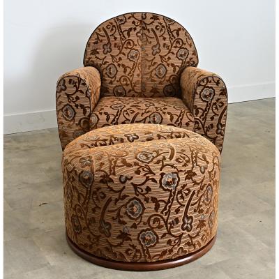 French Art Deco Upholstered Armchair and Ottoman