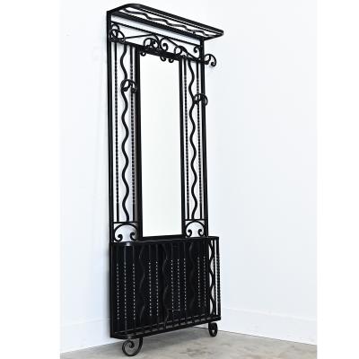 French Art Deco Wrought Iron Hall Tree with Mirror