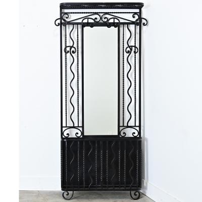 French Art Deco Wrought Iron Hall Tree with Mirror