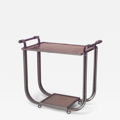French Art Deco aluminum 2 tier tea table with copper colored glass