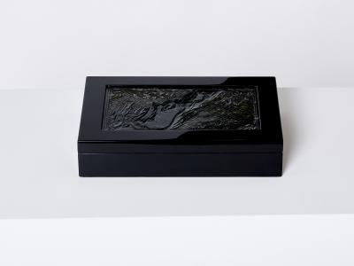 French Art Deco box black lacquer carved Jade stone 1930