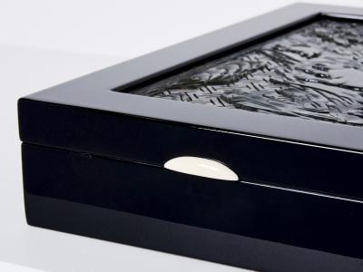 French Art Deco box black lacquer carved Jade stone 1930