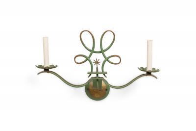 French Art Deco green patina metal sconces pair with 2 scroll arms