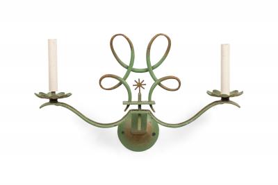 French Art Deco green patina metal sconces pair with 2 scroll arms