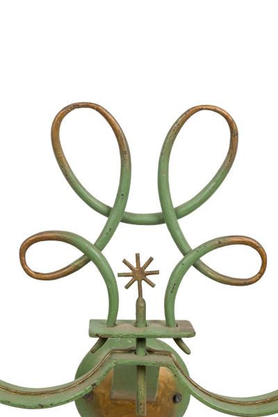 French Art Deco green patina metal sconces pair with 2 scroll arms