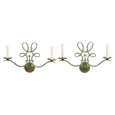 French Art Deco green patina metal sconces pair with 2 scroll arms