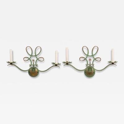 French Art Deco green patina metal sconces pair with 2 scroll arms