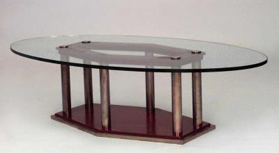 French Art Deco oval glass topped coffee tables with 6 brass column legs