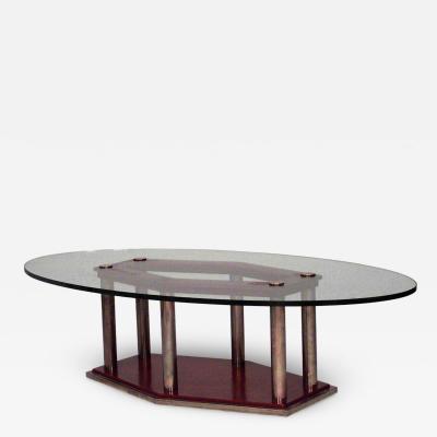 French Art Deco oval glass topped coffee tables with 6 brass column legs