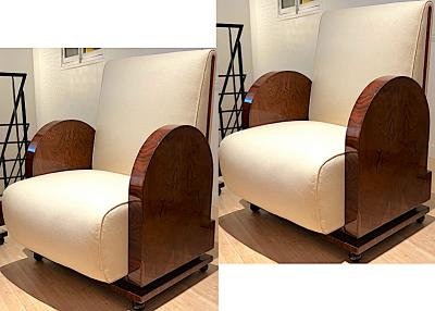 French Art Deco unseen pair of throne shape walnut burl pair of arm chairs