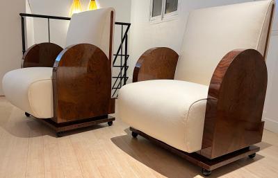 French Art Deco unseen pair of throne shape walnut burl pair of arm chairs
