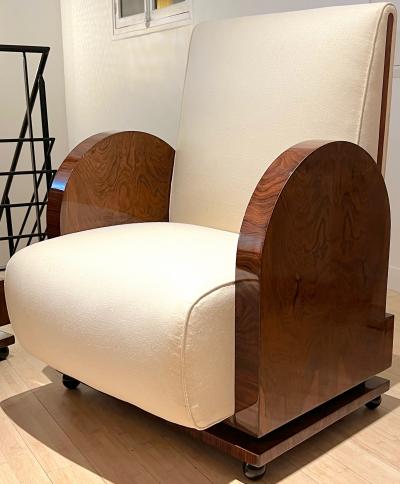 French Art Deco unseen pair of throne shape walnut burl pair of arm chairs