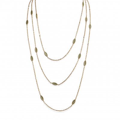 French Art Nouveau 18K Gold and Plique jour Enamel Longchain Necklace