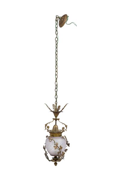 French Art Nouveau Brass Foliate and Crystal Ceiling Lantern