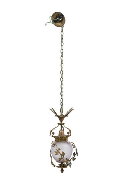 French Art Nouveau Brass Foliate and Crystal Ceiling Lantern